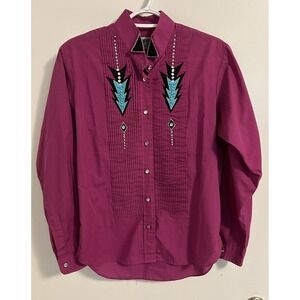 Vintage Wrangler Women's Western Shirt Sz M Purple Rhinestones Crystal Aztec